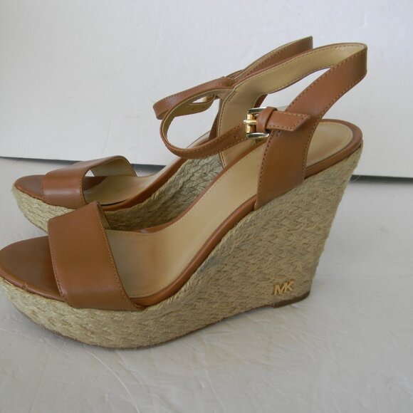 MICHAEL KORS JILL NATURAL TAN LEATHER ANKLE STRAP WEGE ESPADRILLE HEELS SZ 7M - Picture 3 of 6